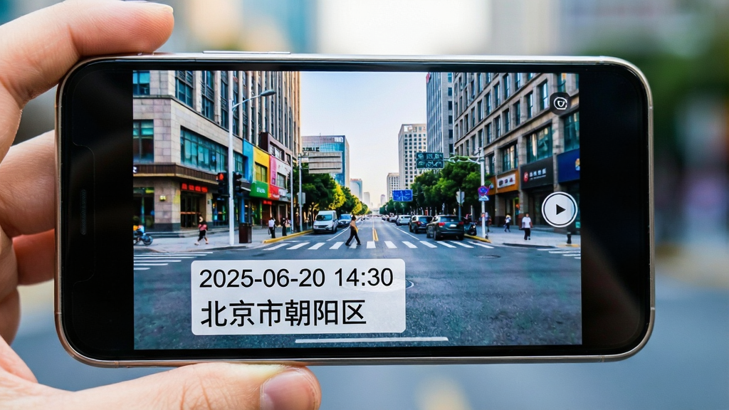 主体:手机横持拍摄,屏幕中显示实时取景画面,水印信息(日期、时间、地点)叠加在风景上。布局:手机位于画面左侧,屏幕朝右,取景画面为城市街道,水印文字在屏幕下方。排版:水印文字为白色半透明底,黑色字体,分为两行,清晰展示“2025-06-20 14:30”和“北京市朝阳区”。风格:现代简洁风格,色彩明亮,突出实时水印的效果。细节:手机边框有金属质感,屏幕内画面清晰,水印文字无遮挡。画质:高清,干净无多余元素。