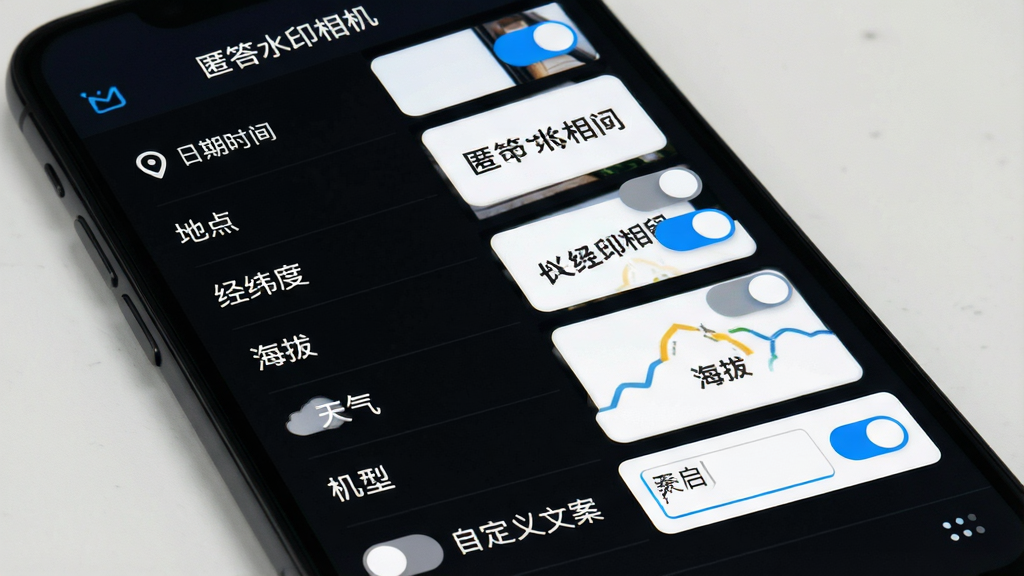 主体:手机屏幕展示“匿答水印相机”的水印设置界面,各项开关列表清晰可见。布局:界面从上到下依次为日期时间、地点、经纬度、海拔、天气、机型、自定义文案的开关,每个开关右侧有对应的示例水印样式。排版:列表式布局,开关为蓝色,示例水印为白色卡片背景,黑色文字。风格:扁平化UI设计,简洁直观,色彩清新。细节:自定义文案开关处于开启状态,显示输入框,其他开关为关闭状态。画质:高清,界面干净无多余元素。