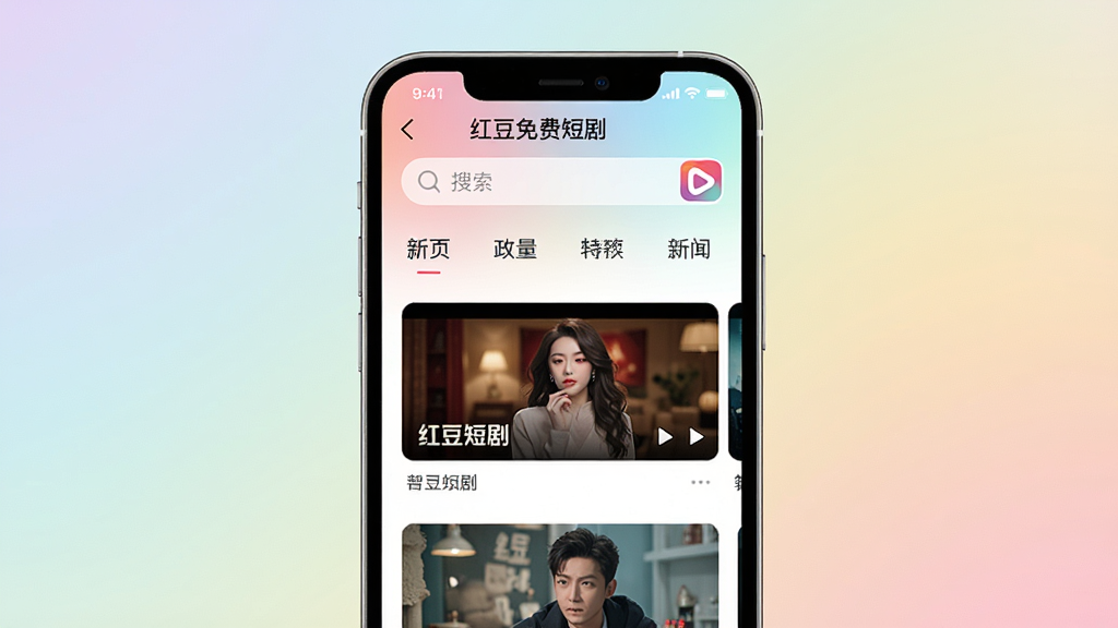 画面中央展示一款名为“红豆免费短剧”的手机应用界面,手机屏幕亮起,界面简洁现代,上方有搜索栏和分类标签,下方为竖屏短视频卡片流,卡片上显示剧名和封面,背景为柔和的渐变色,整体布局清晰,风格清新明亮,画质细腻,干净无多余元素