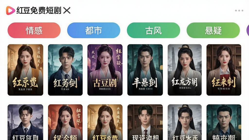 一张展示“红豆免费短剧”应用内多个分类标签界面的截图,界面顶部有“情感”“都市”“古风”“悬疑”等彩色标签,下方为对应题材的剧集封面缩略图,排列整齐,色彩丰富,风格现代简约,画质清晰,干净无多余元素