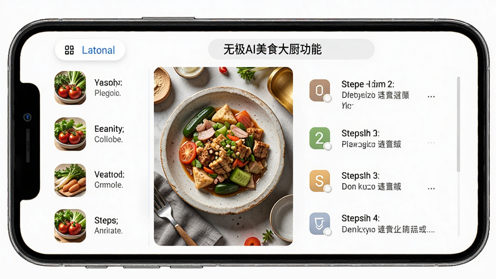 无极AI美食大厨功能界面,主体为手机屏幕显示菜谱推荐与步骤,布局左侧食材列表右侧步骤说明,风格写实明亮,细节包括食材图片与步骤图标,画质清晰干净,无多余元素