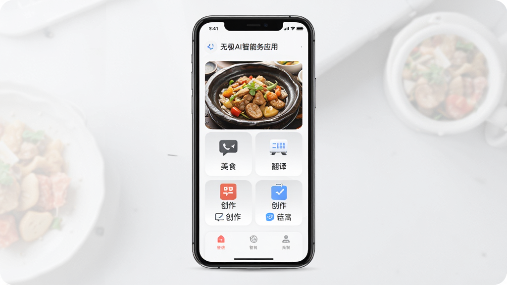 无极AI智能服务应用核心功能概览,主体为手机界面展示美食、翻译、创作等模块,布局采用居中对称,风格现代简约,细节包括图标与文字标签,画质高清干净,无多余元素