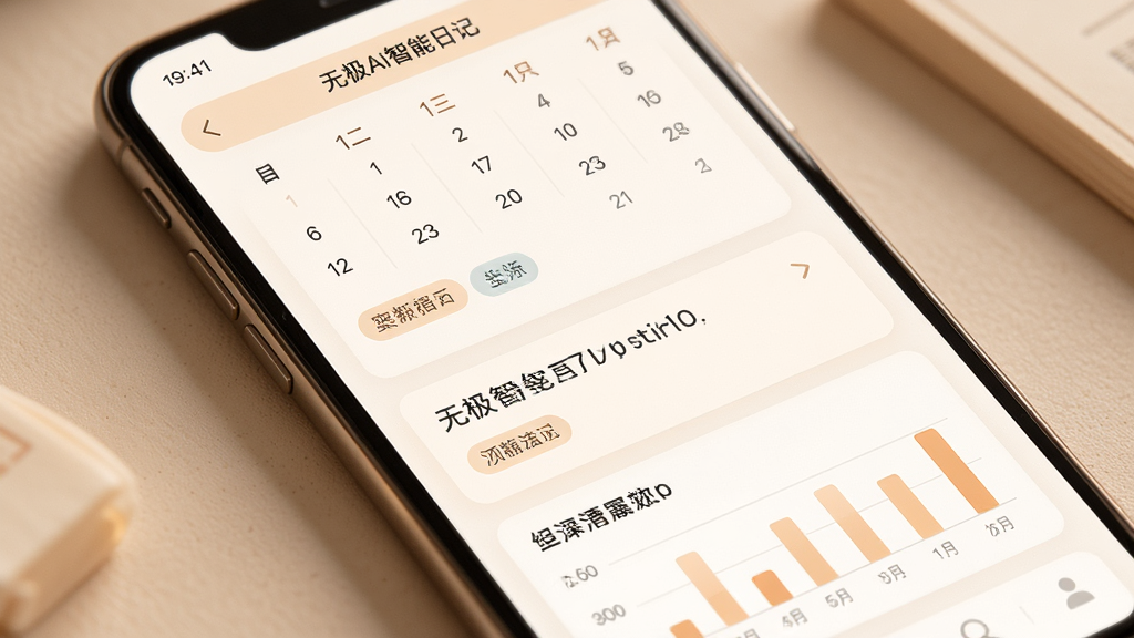 无极AI智能日记功能界面,主体为手机界面显示日历与日记条目,布局简洁列表式,风格温馨柔和,细节包括标签与统计图表,画质清晰干净,无多余元素