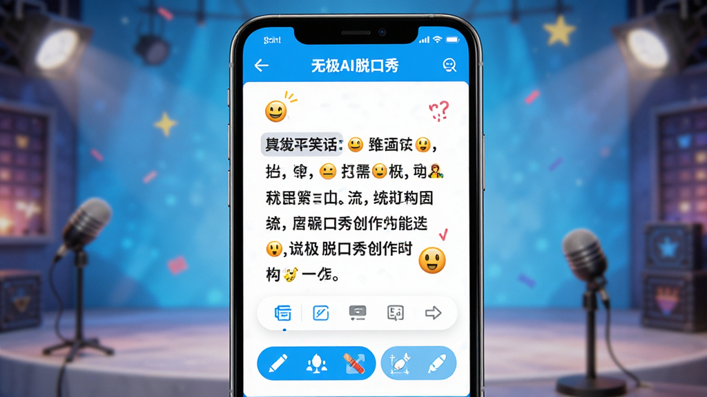 无极AI脱口秀创作功能界面,主体为手机屏幕展示生成的笑话文本,布局居中,风格活泼幽默,细节包括表情符号与编辑工具,画质干净明亮,无多余元素