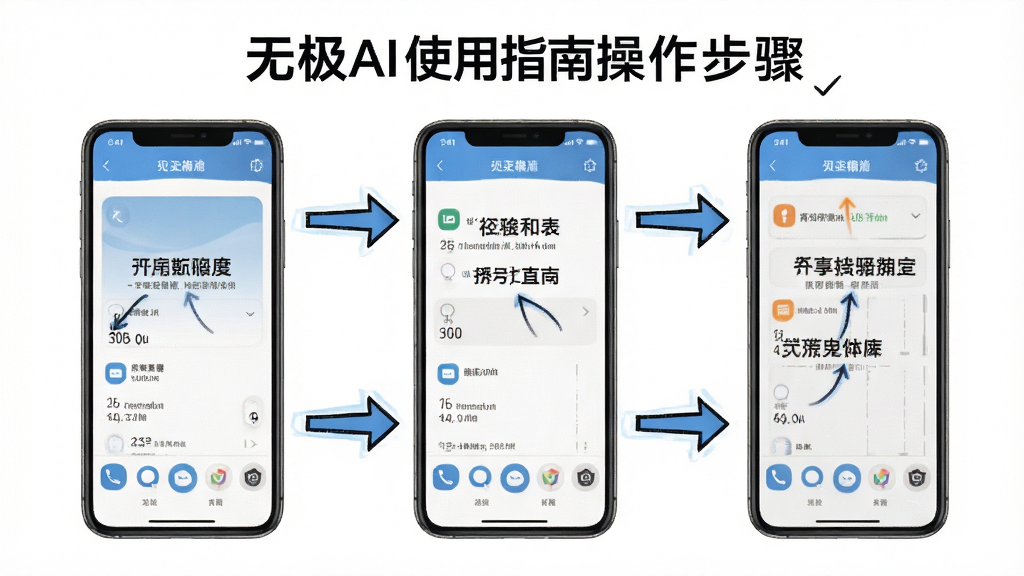 无极AI使用指南操作步骤图,主体为手机操作界面指示,布局分步演示,风格清晰直观,细节包括箭头与文字标注,画质干净无多余元素