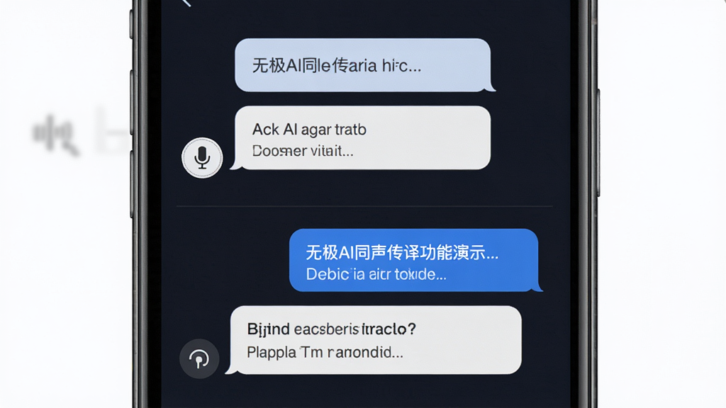 无极AI同声传译功能演示,主体为手机界面显示双语对话气泡,布局上下分栏,风格简洁商务,细节包括麦克风图标与翻译结果,画质高清干净,无多余元素