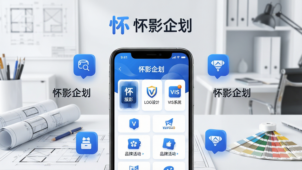 ���壺�ֻ���Ļչʾ��Ӱ��App���棬��������ʾƷ�Ʋ߻����������LOGO��ơ�VISϵͳ��Ʒ�ƻ��ͼ�꣬����Ϊ�ִ���Լ�İ칫���������������ͼֽ��ɫ�������֣��ֻ�λ�ڻ������룬��Χ����Ư���ķ���ͼ������֡���Ӱ�󻮡����Ű棺�������½ṹ���Ϸ�ΪƷ�Ʊ�ʶ�����ƣ��·�Ϊ����Ƭʽ���С��������Ƽ��磬������ɫ�������������ϸ�ڣ���Ļ��������ʾ����Ӱ�󻮡�������Ʒ�Ʋ߻������б���ͼ�꾫�£���Ӱ��Ȼ�����ʣ�������Ⱦ���ɾ��޶���Ԫ�ء�