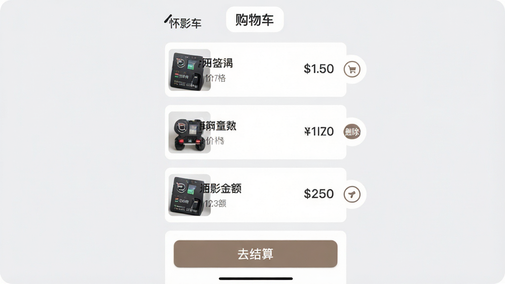 ���壺��Ӱ��App�ġ����ﳵ�����棬չʾ�����ӵķ�����Ŀ��ÿ����Ŀ������ͼ�����ơ��۸��ɾ����ť�����֣��б��·�Ϊ�ϼƽ��͡�ȥ���㡱��ť���Ű棺��Ŀ��Ƭ��ֱ���У���������������񣺼�����񣬱���ǳ�ң���Ƭ��ɫ��ϸ�ڣ���Ŀ����ͼ����������������ťͼ�����ԣ�����ɾ������ʣ����壬�޶���Ԫ�ء�