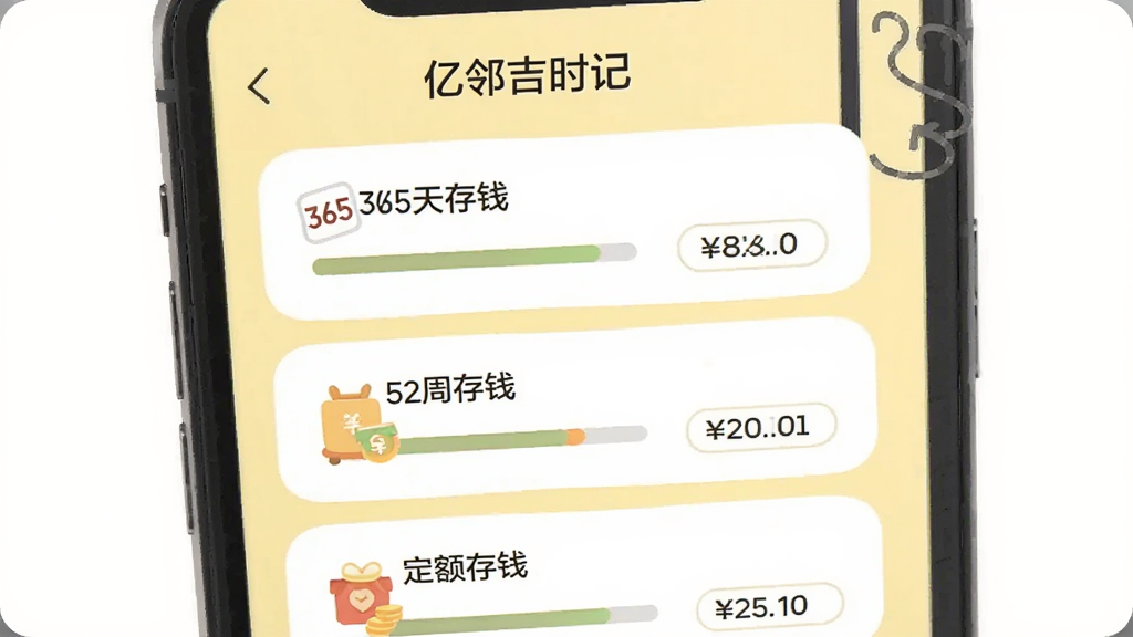����Ϊ�ֻ����棬չʾ���ڼ�ʱ�ǵĴ�Ǯ�ƻ�ҳ�棬�б���ʾ365���Ǯ��52�ܴ�Ǯ�Ͷ����Ǯ������Ƭ��ÿ����Ƭ�н������ͽ�����Ϊ����ɫ����ƽ�廭������ֱ�ǩ�����ڼ�ʱ�ǡ����������ʸɾ����޶���Ԫ��