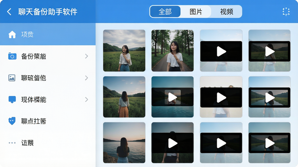 主体:手机APP“聊天备份助手软件”的媒体扫描功能界面,界面以网格形式展示图片与视频缩略图,顶部有“全部”、“图片”、“视频”筛选标签。布局:左侧为功能列表,右侧为内容展示区。排版:列表与网格结合,缩略图整齐排列。风格:简约扁平化设计,主色调为蓝色与白色,背景为浅蓝色渐变。画质:高清,界面元素清晰锐利,干净,无多余元素。