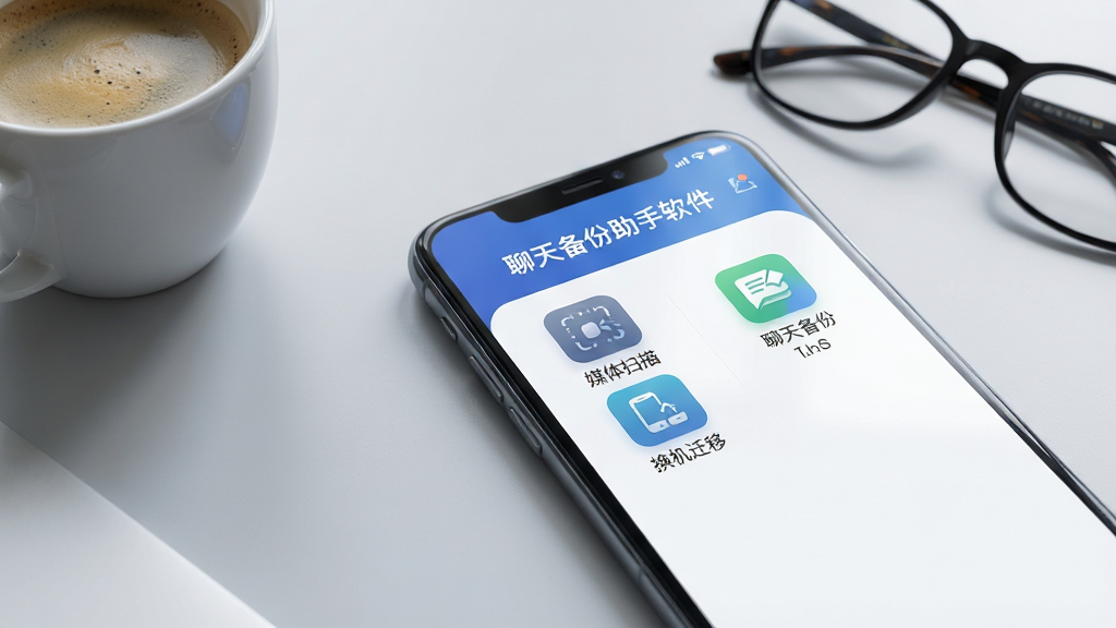 主体:一部现代智能手机屏幕特写,屏幕内显示“聊天备份助手软件”的主界面,界面布局清晰展示“媒体扫描”、“聊天备份”、“换机迁移”等功能图标。背景为整洁的浅灰色桌面,桌面放置一杯咖啡与一副眼镜。排版:手机位于画面中央偏右,界面内容朝向镜头。风格:科技感与生活化结合,光线明亮柔和,细节精致。画质:4K超高清,干净,无多余元素。
