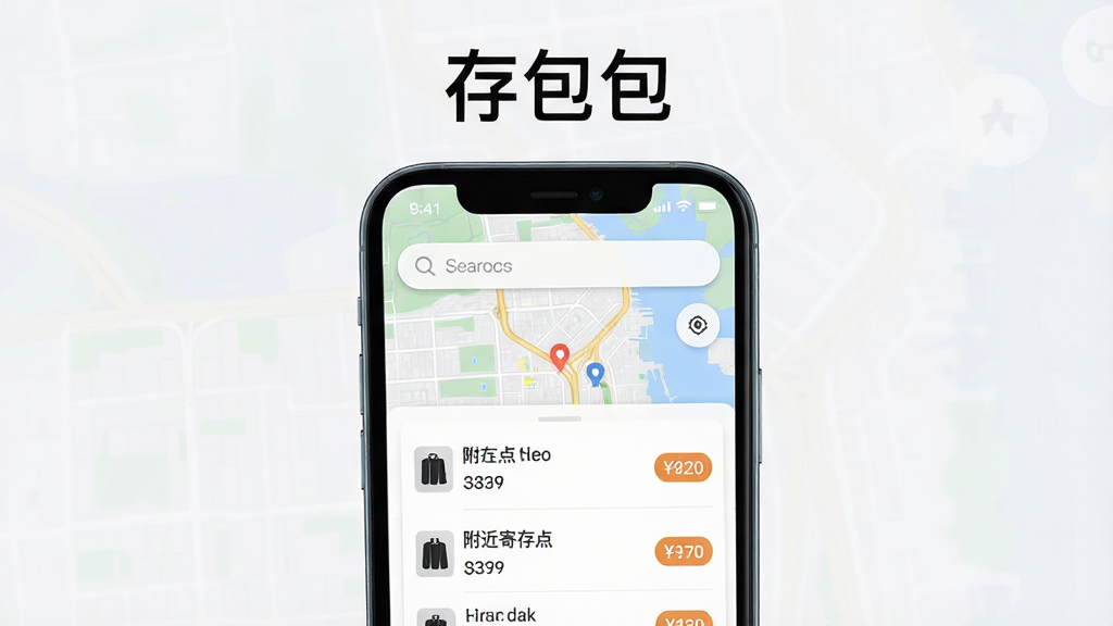 一张展示存包包app核心功能的宣传预览图,主体为智能手机屏幕界面,界面上显示地图与附近寄存点列表,布局清晰,风格简约现代,细节包括搜索框、寄存点距离与价格标签,画质高清干净,无多余元素,屏幕上方显示“存包包”字样