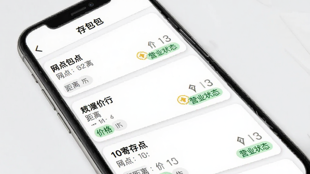 存包包app网点列表界面截图,主体为手机屏幕展示多个寄存点卡片,布局为列表形式,风格清新简洁,细节包括网点名称、距离、价格、营业状态标签,画质清晰干净,无多余元素,顶部显示“存包包”导航栏