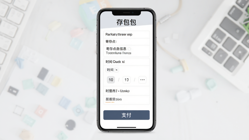 存包包app在线预订流程示意图,主体为手机屏幕展示订单确认页面,布局为表单样式,风格商务简约,细节包括寄存点信息、时间选择器、支付按钮,画质干净无多余元素,页面顶部有“存包包”字样