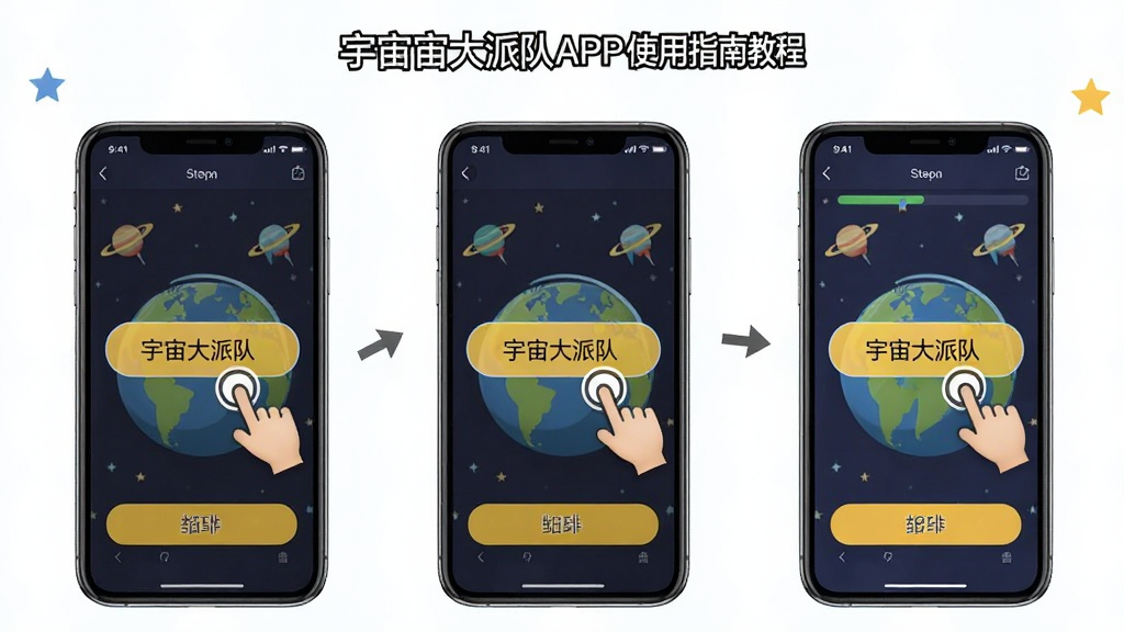宇宙大派队APP的使用指南教程截图,主体为手机操作界面,布局为步骤演示图,风格简洁明了,细节包括点击手势与高亮按钮,画质清晰,无多余元素