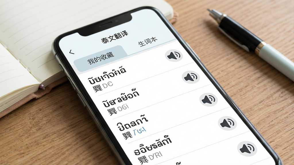 ���壺�ֻ���Ļ��д��չʾ��̩�ķ��롱APP�ĵ��ʱ����棬�б��а������̩�ĵ��ʼ����������壬ÿ�������Ҳ���һ��С����ͼ�ꡣ���֣��ֻ�����������ľ�������ϣ��Ա�ɢ����һ���ʼǱ���һ֧�ʡ��Ű棺�������б���ʽ����չʾ�������С��ҵ��ղء��͡����ʱ�����ǩҳ����񣺼�Լ���·��ǳɫ��������UI��Ʊ�ƽ����ϸ�ڣ���Ļ�ϵ�̩�ĵ����·������������������ע��С����ͼ����Ŀ�����ʣ����壬�ɾ����޶���Ԫ�ء�