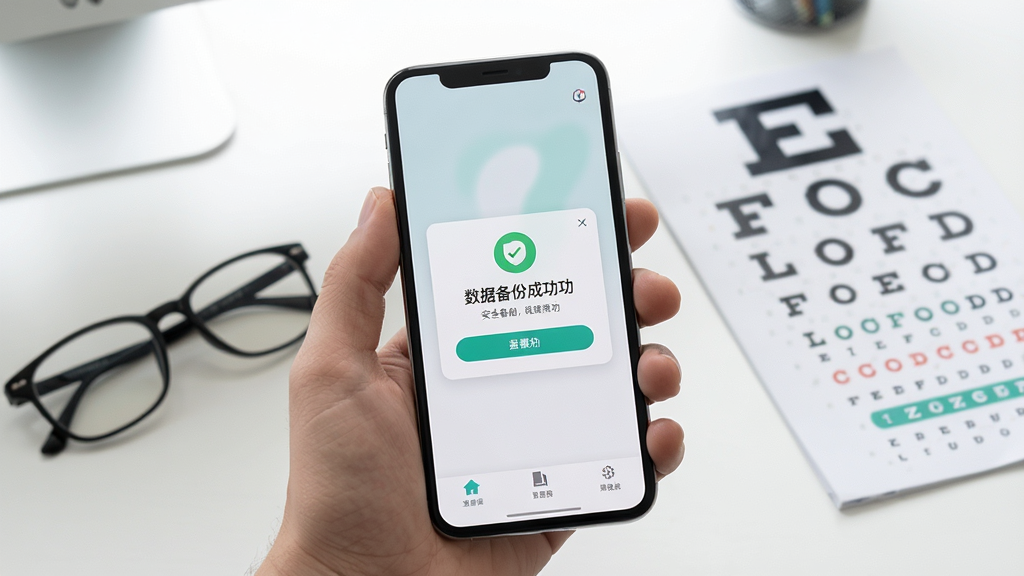 亮眼守护APP在手机上的操作场景图,主体是一只手拿着智能手机,屏幕上显示数据备份成功的提示框,背景为简洁的办公桌,摆放着眼镜和视力表,布局自然,风格写实,突出安全备份与易用性,细节包括界面图标和提示文字,画质高清,干净无多余元素