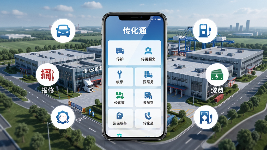 主体:传化通APP界面在智能手机上展示,背景是现代化的传化公路港园区全景,布局:手机居中,屏幕显示园区服务功能列表,周围有停车、报修、缴费等图标环绕,排版:清晰有序,突出APP名称“传化通”,风格:写实科技感,细节:手机屏幕反光,园区建筑细节丰富,画质:高清,干净,无多余元素