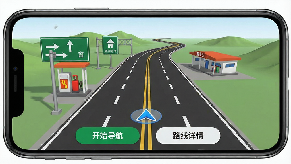一张展示三维山河全景地图导航功能的界面截图。主体是手机横屏导航界面,3D立体的道路模型延伸至远方,道路两旁有加油站、服务区的立体图标。界面下方有“开始导航”和“路线详情”两个按钮。布局清晰,模拟驾驶视角。风格写实,细节包含路牌与车道标线,画质高清,背景干净,无多余元素。