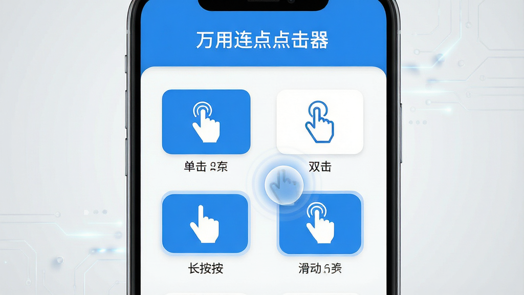 主体:一部现代智能手机屏幕特写,屏幕上清晰显示“万用连点点击器”应用主界面,界面简洁明亮。布局:手机居中,屏幕内容占据画面主要部分,背景为干净的浅灰色渐变,营造科技感。排版:应用界面中的功能图标排列整齐,包括单击、双击、长按、滑动等按钮图标,文字标注清晰。风格:扁平化设计风格,色彩以蓝色和白色为主,整体清新专业。细节:屏幕上悬浮着一个半透明的点击光效圆点,暗示自动点击功能正在运行。画质:超高清4K渲染,画面干净无多余元素。