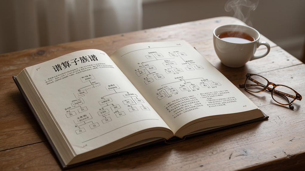 一本印刷精美的“谱算子族谱”实体书籍翻开放在桌面上,内页是清晰工整的世系图和文字排版,旁边放着一杯热茶和一副老花镜,光线柔和,画面构图平稳,风格写实,细节丰富,画质高清干净,无多余元素