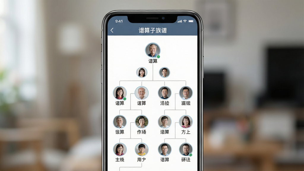 一张智能手机的近距离特写,屏幕显示“谱算子族谱”软件中的家族世系树状图,每个节点是家族成员头像和名字,线条清晰连接,界面设计简洁现代,背景虚化,突出主体,构图居中,排版整齐,风格扁平化,细节丰富,画质干净,无多余元素