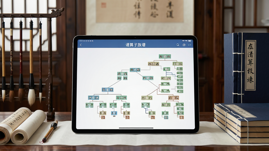 一幅展现现代科技与传统文化融合的画卷,主体是平板电脑屏幕上清晰展示的“谱算子族谱”APP界面,界面内是树状结构的家族世系图,背景是古色古香的中式书房,有毛笔、宣纸和装订好的传统家谱书籍,画面布局平衡,风格写实,细节丰富,画质高清干净,无多余元素
