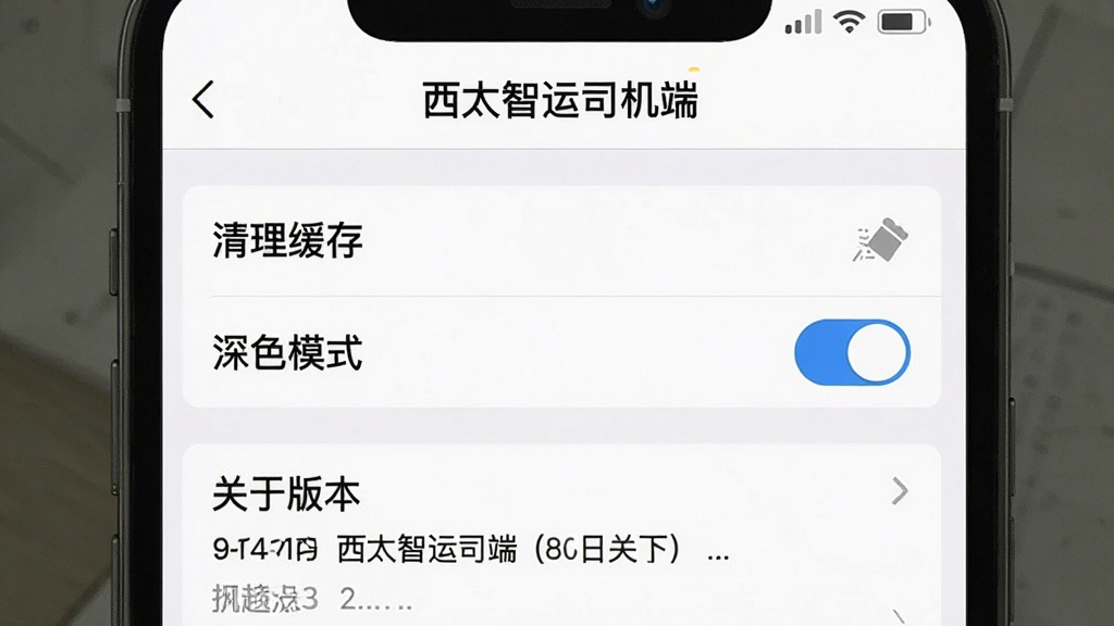 一张手机截图风格图片,主体显示“西太智运司机端”设置页面,布局包含“清理缓存”与“深色模式”开关选项,排版整齐,风格简洁,细节突出“关于版本”信息,画质清晰干净,无多余元素