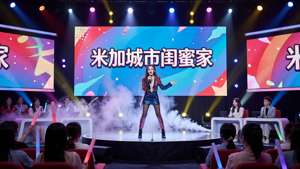 主体:米加城市闺蜜家中的综艺演播厅场景,角色站在舞台上表演;布局:前景是观众席和评委席,中景是舞台和灯光,背景是巨大的LED屏幕;排版:居中构图,突出舞台表演的精彩瞬间;风格:时尚动感风格,灯光色彩斑斓;细节:角色手持话筒,身穿亮片演出服,舞台上有烟雾特效,观众席有荧光棒挥舞,屏幕显示“米加城市闺蜜家”字样;画质:高清动态效果,画面干净无杂物。