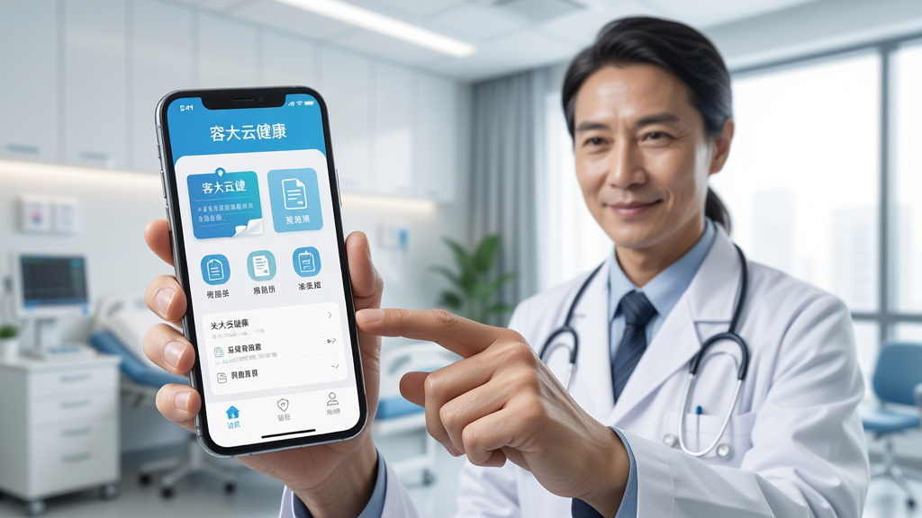 主体:一位穿着白大褂的医生手持智能手机,屏幕上清晰显示“容大云健康”APP界面,背景为现代化的医院诊室,布局简洁明亮,排版突出医生与手机互动,风格写实、专业,细节包括屏幕上的病历与处方图标,画质高清,干净无多余元素。