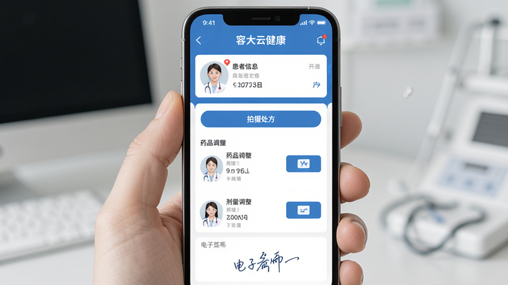 主体:手机屏幕展示“容大云健康”的在线开方界面,上方为患者信息栏,下方为药品列表与剂量调整按钮,布局清晰,排版简洁,风格扁平化,细节包括拍摄处方按钮与电子签名区域,画质干净,突出专业医疗感。