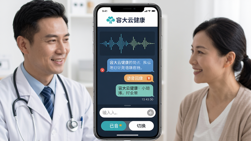 主体:医生与患者通过手机进行语音问诊的对话界面,上方为“容大云健康”标识,中间为语音波形图与文字消息气泡,下方为输入框与切换按钮,布局左右对称,排版直观,风格现代,细节包括已读回执与时间戳,画质清晰,无多余元素。