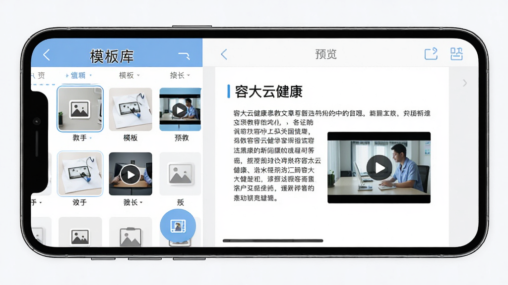 主体:手机屏幕展示“容大云健康”患教文章编辑界面,左侧为模板库,右侧为预览区,包含文字与图片,布局分栏,排版清爽,风格简洁,细节包括插入图片与视频按钮,画质高清,无多余元素。