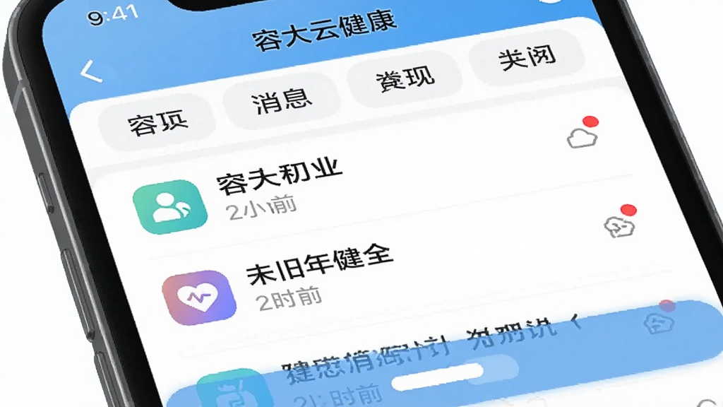 主体:手机屏幕展示“容大云健康”消息中心界面,顶部为分类标签,下方为消息列表,每条消息包含图标、标题与时间,布局线性排列,排版简洁,风格现代,细节包括未读红点与滑动操作提示,画质干净,突出信息层级。
