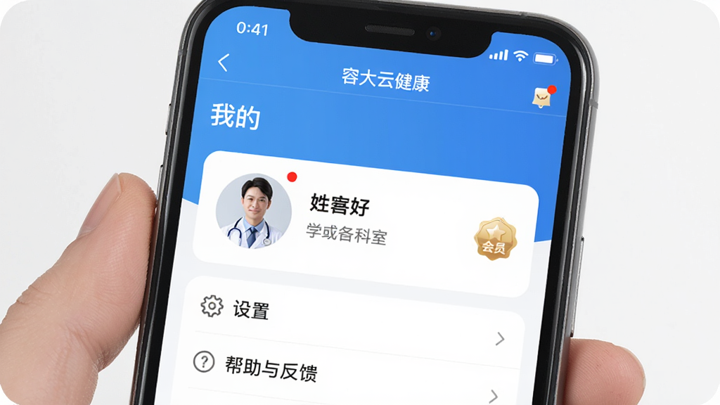 主体:手机屏幕展示“容大云健康”的“我的”个人中心页面,包含医生头像、姓名、科室信息以及“设置”、“帮助与反馈”等列表项,布局简洁,排版清晰,风格专业,细节包括未读消息红点与会员标识,画质干净,突出个人管理功能。