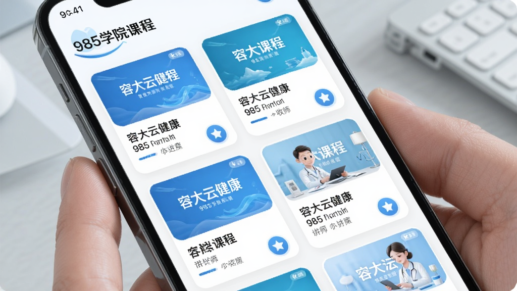 主体:手机屏幕展示“容大云健康”985学院课程列表,每门课程包含封面图、标题与讲师信息,布局为卡片式网格,排版美观,风格清新,细节包括进度条与收藏按钮,画质干净,突出教育属性。