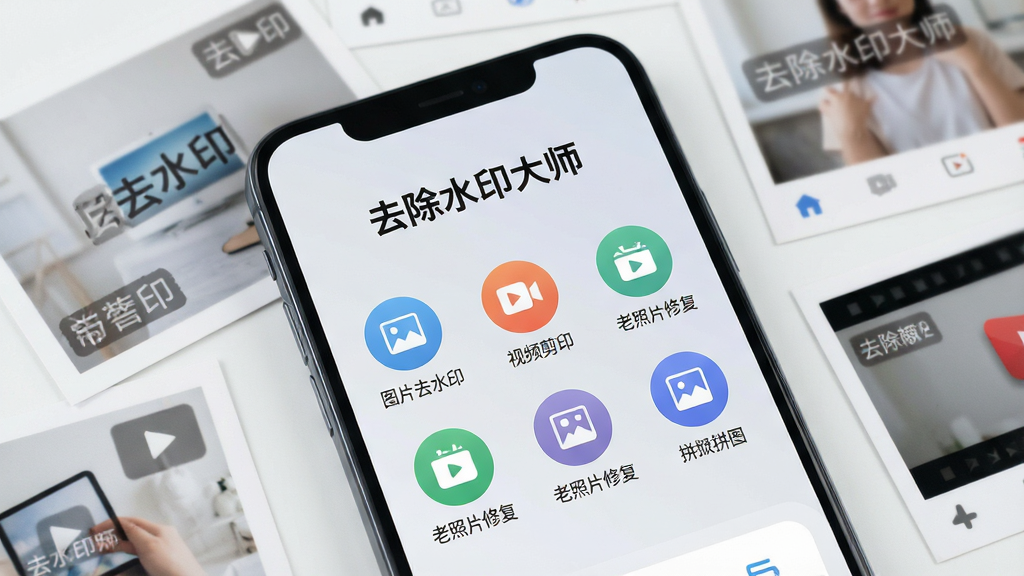 一张智能手机屏幕特写,屏幕中清晰展示去除水印大师APP的主界面,界面顶部显示“去除水印大师”字样,下方排列着图片去水印、视频剪辑、老照片修复、拼图等圆形功能图标,整体风格简洁现代,背景为柔和的浅灰色渐变,手机旁边散落着几张带有水印的图片和一段视频素材,画面干净明亮,突出软件的多功能性和便捷性,画质高清,无多余元素