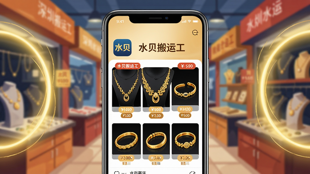 画面主体为一部现代智能手机屏幕正显示“水贝搬运工”APP首页,页面中陈列着金色项链、手镯等黄金饰品,背景是深圳水贝珠宝市场交易场景的抽象插画。布局采用手机居中、左右两侧对称的金色光晕装饰。排版简洁大气,突出APP界面与黄金质感。风格为写实商业广告风,细节需呈现APP图标、商品价格标签与“水贝搬运工”字样。画质高清、干净明亮,无多余元素。