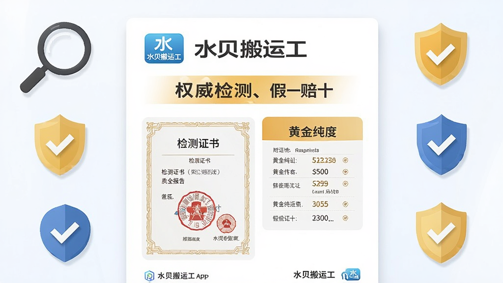 画面主体为“水贝搬运工”APP的质检报告页面,显示检测证书样张与黄金纯度数据。布局为报告单居中,四周环绕放大镜、盾牌等安全图标。排版规整,突出“权威检测、假一赔十”字样。风格为写实+扁平插画结合,细节需呈现证书钢印与“水贝搬运工”Logo。画质清晰干净,无多余元素。