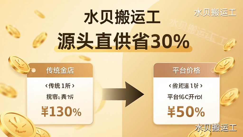 图片主体为“水贝搬运工”APP的价格对比界面,左侧是传统金店价格标签,右侧是平台价格标签,中间用箭头连接。布局采用左右对比式设计,背景为柔和的金色渐变。排版清晰,突出“源头直供省30%”字样。风格为信息图表风,细节需呈现金色金币、价格数字与“水贝搬运工”水印。画质高清、干净,无多余元素。