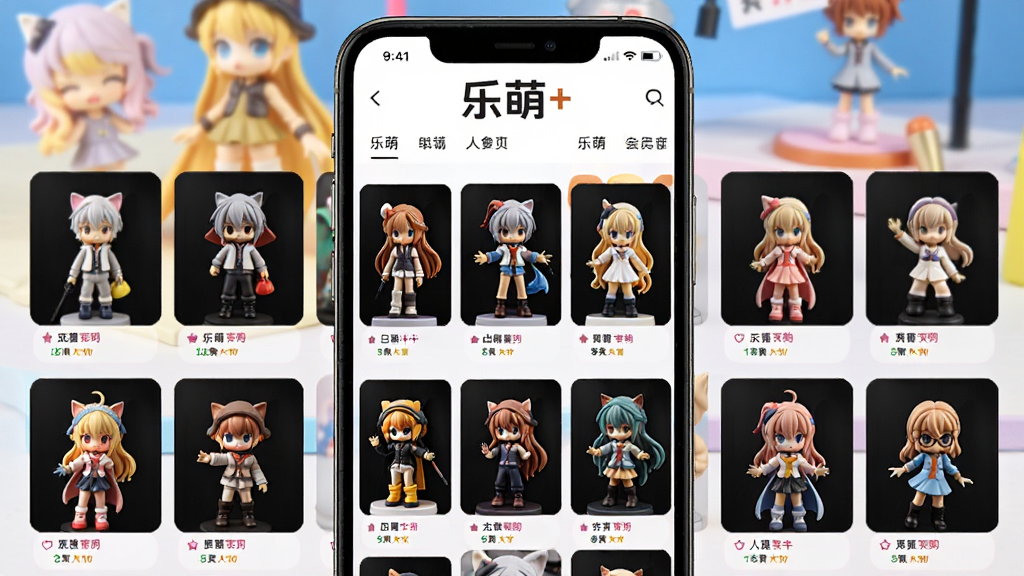 乐萌+会员购商城界面展示图,主体为手机端商城页面,展示各种潮玩手办,排列整齐,明亮背景,电商风格,细节丰富,画质清晰,文字“乐萌+”在顶部,干净无多余元素