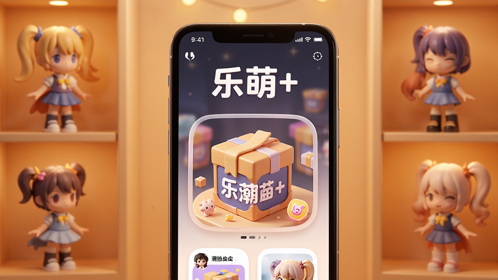 乐萌+潮玩盲盒APP界面预览图,主体为手机屏幕展示在线抽盒场景,暖色背景,手办陈列,3D渲染风格,细节丰富,画质高清,文字“乐萌+”居中,干净无多余元素