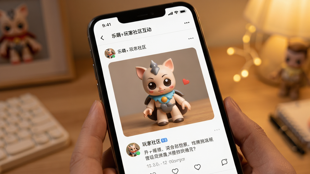 乐萌+玩家社区互动界面图,主体为手机屏幕展示用户分享的潮玩照片与评论,温馨氛围,社区风格,细节真实,画质高清,干净无多余元素