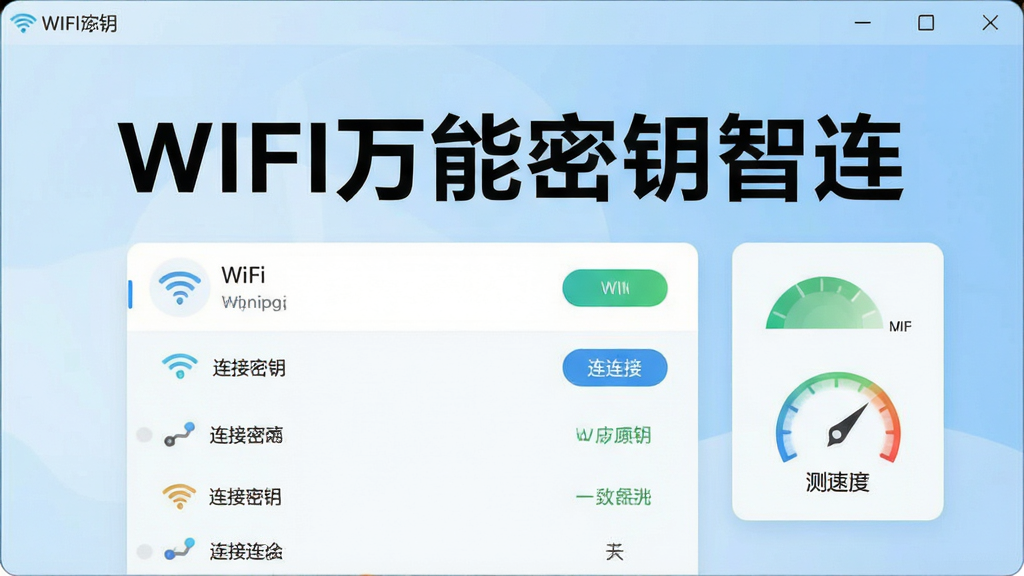 一张展示WIFI万能密钥智连软件主界面的图片,界面简洁现代,包含WiFi列表、连接按钮、测速图标,背景为浅蓝色渐变,突出“WIFI万能密钥智连”名称,整体风格清爽明亮,细节丰富,高分辨率,干净无多余元素