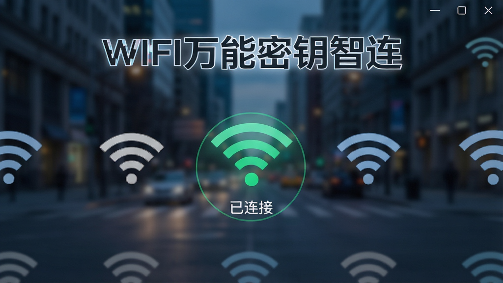 一张展示WIFI万能密钥智连自动搜索并连接附近WiFi的界面截图,画面中有多个WiFi信号图标,其中一个显示“已连接”状态,背景为城市街道模糊效果,突出软件名称“WIFI万能密钥智连”,整体风格科技感强,细节丰富,高分辨率,干净无多余元素