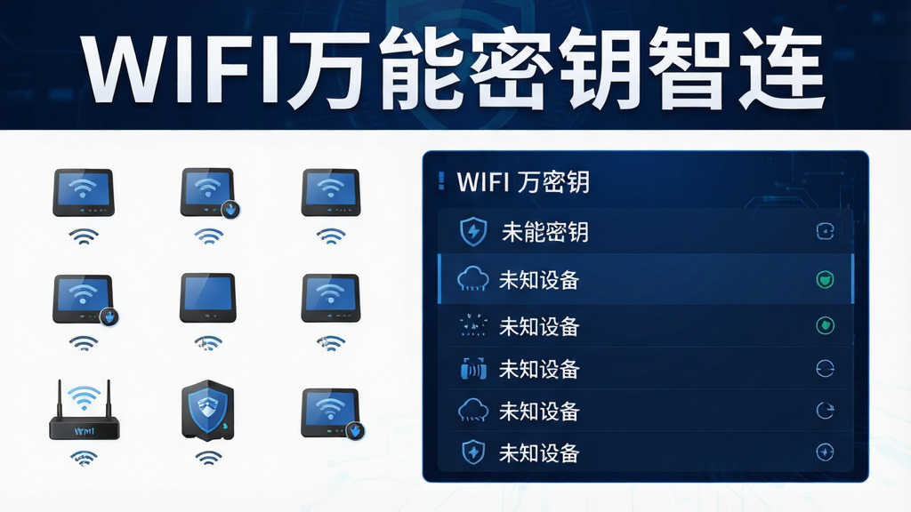 一张展示WIFI万能密钥智连设备检测功能的图片,画面中有多个设备图标和列表,其中一个标注“未知设备”,背景为深蓝色安全风格,突出软件名称“WIFI万能密钥智连”,整体风格严谨安全,细节丰富,高分辨率,干净无多余元素