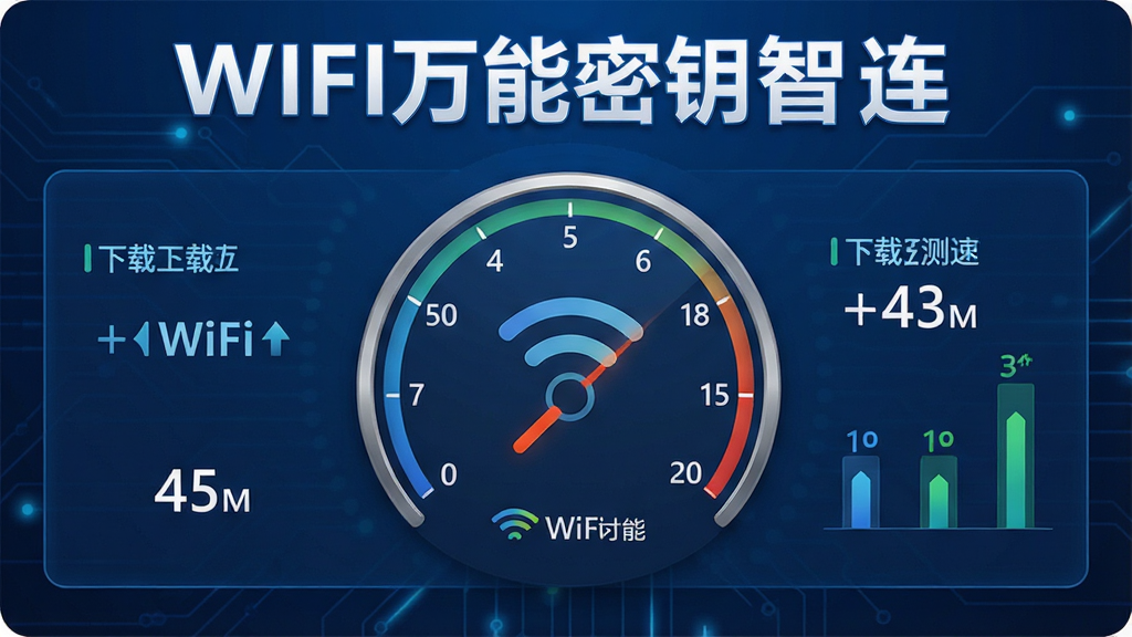 一张展示WIFI万能密钥智连网络测速结果的图片,画面中有速度仪表盘、下载上传速度数值,背景为简洁的蓝色科技风格,突出软件名称“WIFI万能密钥智连”,整体风格专业清晰,细节丰富,高分辨率,干净无多余元素