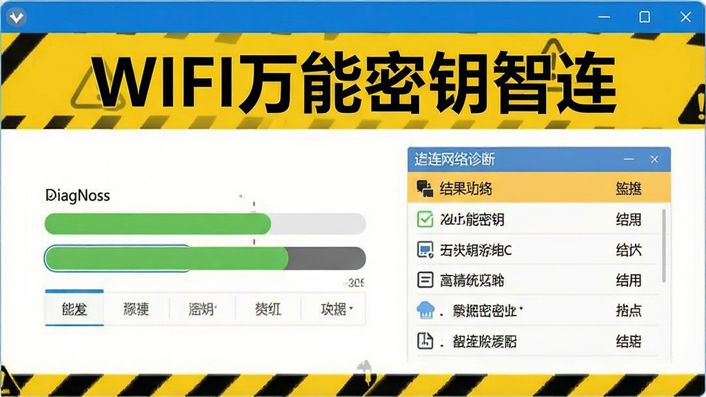 一张展示WIFI万能密钥智连网络诊断功能的图片,画面中有诊断进度条和结果列表,背景为黄色警示风格,突出软件名称“WIFI万能密钥智连”,整体风格直观易懂,细节丰富,高分辨率,干净无多余元素