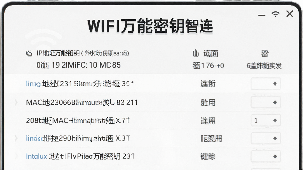 一张展示WIFI万能密钥智连设备信息界面的图片,画面中有IP地址、MAC地址等参数列表,背景为简洁的白色风格,突出软件名称“WIFI万能密钥智连”,整体风格简洁明了,细节丰富,高分辨率,干净无多余元素