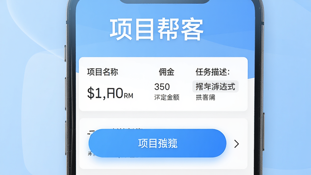 项目帮客商机浏览界面预览图,主体为手机屏幕展示商机列表,包含项目名称、佣金金额与任务描述,背景为淡蓝色渐变,突出数字与按钮,整体风格现代、信息清晰,文字“项目帮客”在顶部,画质高清无杂乱元素。